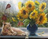 Без бренда «Подсолнухи в синей вазе возле кота» в Набережных Челнах в интернет-магазине  Без бренда «Подсолнухи в синей вазе возле кота» в Набережных Челнах