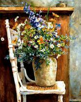 Букет полевых цветов в вазе на стуле