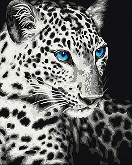Картина по номерам 40x50 Черно-белый леопард с голубыми глазами