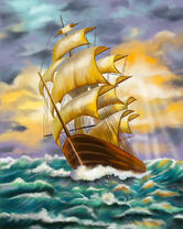 Фрегат в море на рассвете