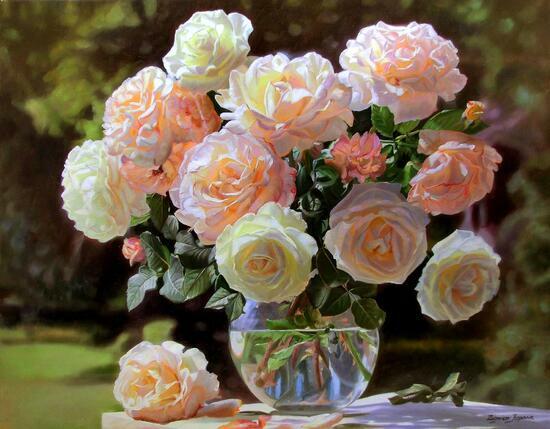 Картина по номерам 40x50 Букетик нежных белых роз в прозрачной вазе