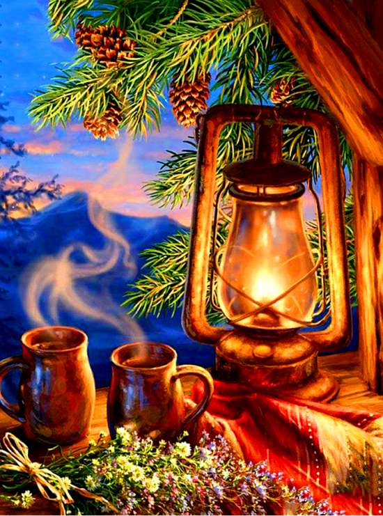 Картина по номерам 40x50 Фонарик и чай в домике на дереве