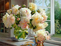 Без бренда «Ваза с букетом белых пионов у окна» в Набережных Челнах