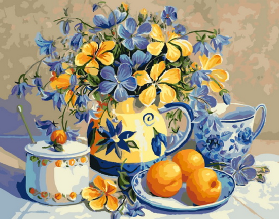 Картина по номерам 40x50 Сине-желтый букет и спелые абрикосы