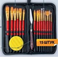 Без бренда «Коробка 50 шт.: Набор кистей для рисования в чехле, премиум набор (15 нейлоновых кистей, 1 мастихин) красные» в Набережных Челнах