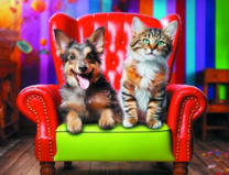 Котенок и щенок отдыхают в кресле